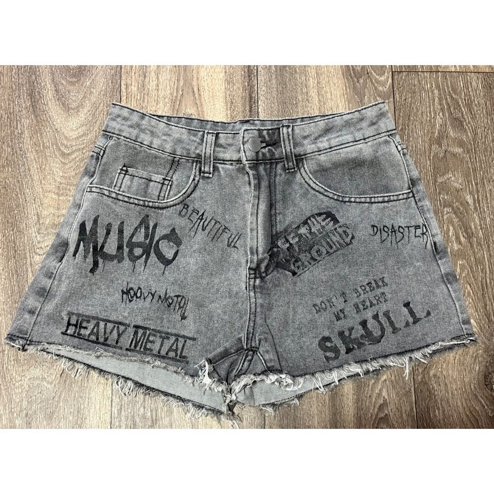 ROMWE WOMENS SIZE S 4 OUR GRUNGE PUNK LETTER GRAPHIC RAW DENIM GRAY SHORT